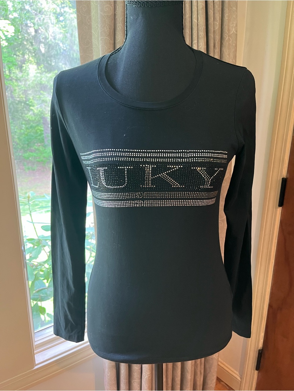Black Long-Sleeve Womens Top with Crystal Logo